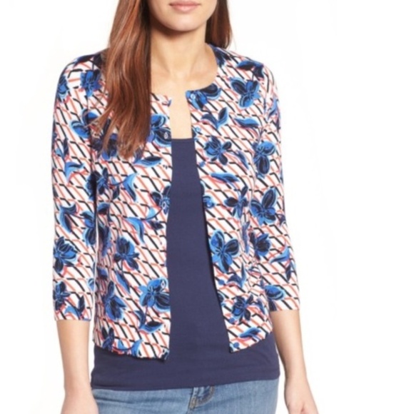 Halogen Cardigan 3/4 Sleeve Floral Stripes Sweater Viscose Sz xs - Picture 1 of 7